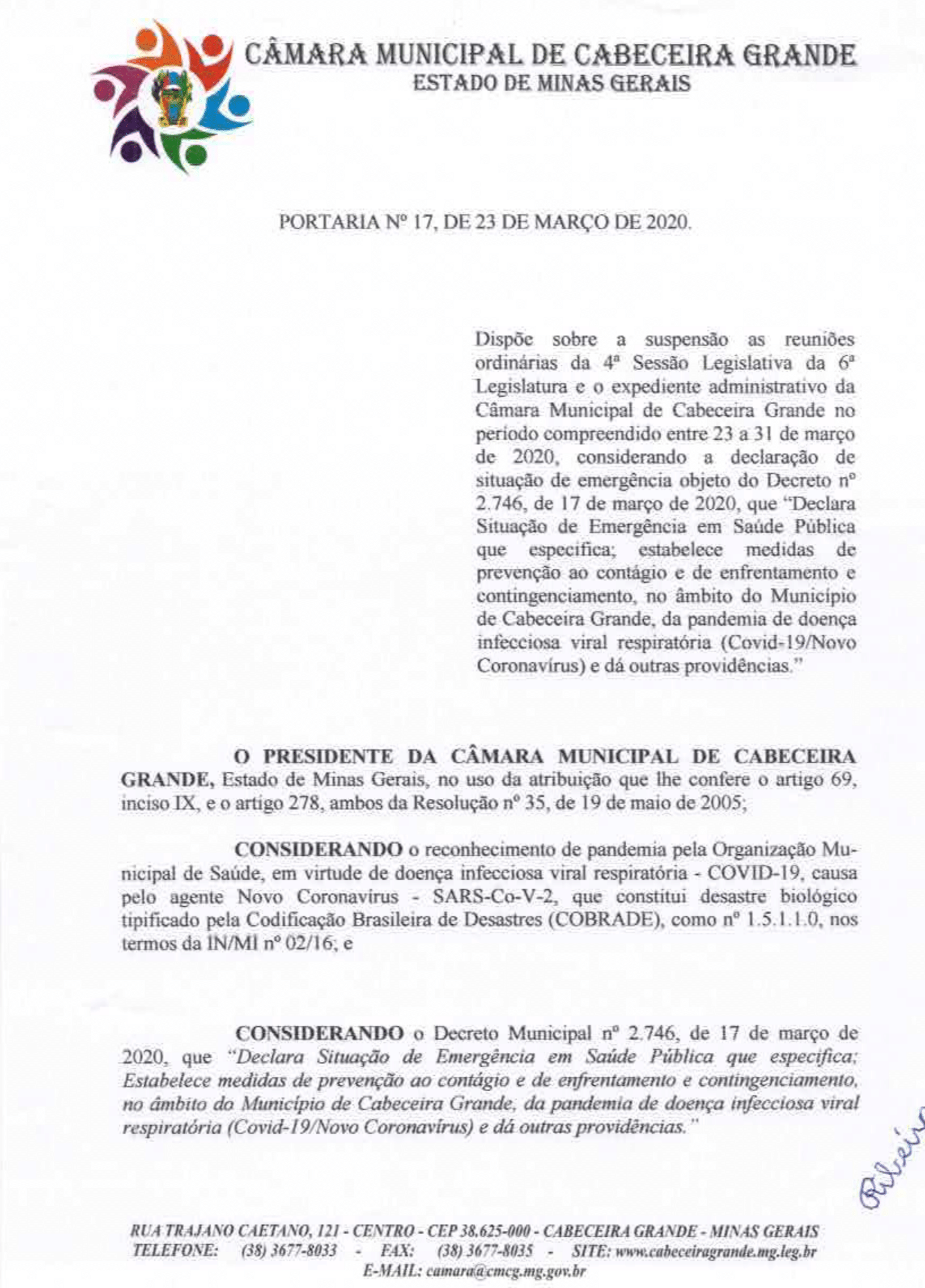 Suspensão das Reuniões Ordinárias e Expediente Administrativo